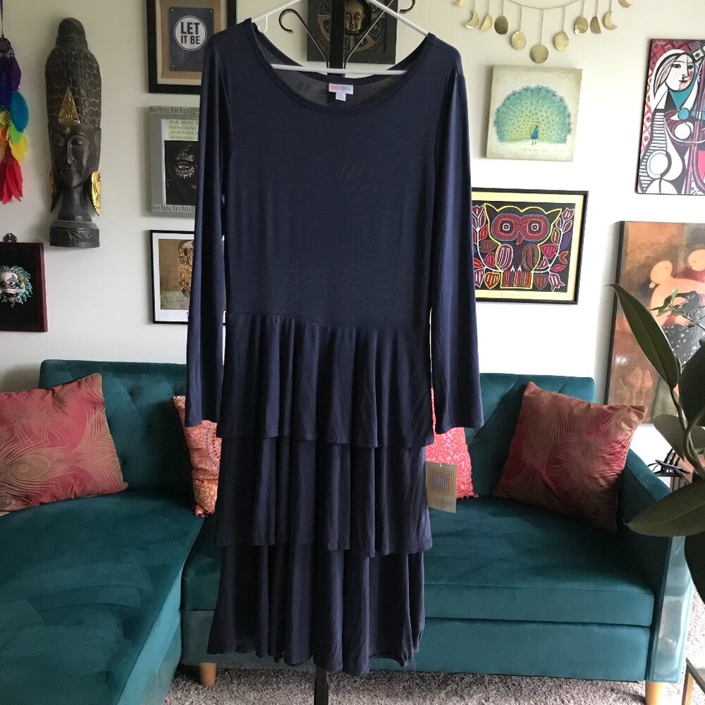 LULAROE size XL Navy Blue Modal Jersey Tiered Georgia Midi Dress NWT